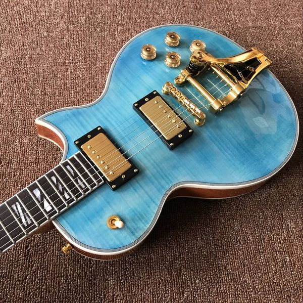 

custom classic blue color tiger flame jazz electric guitar golden hardware guitarra mahogany body custom gitaar vibrato system