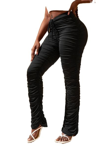 

sxy solid ruched drawstring waist pants s7fm#, Black;white