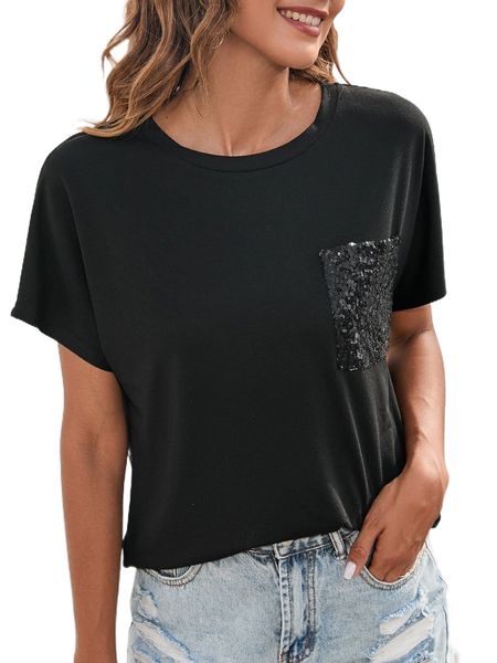 

contrast sequin round neck tee l22i#, White