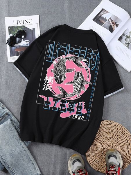 

men fish & japanese letter graphic tee i0y2#, White;black