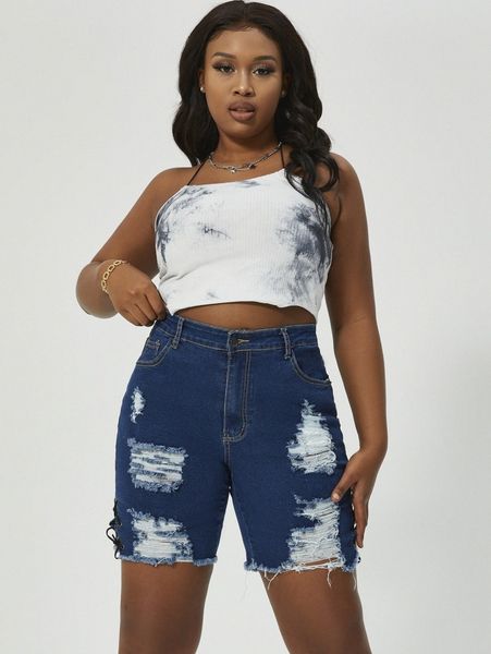 

plus high waisted ripped raw hem denim shorts b9zv#, White;black