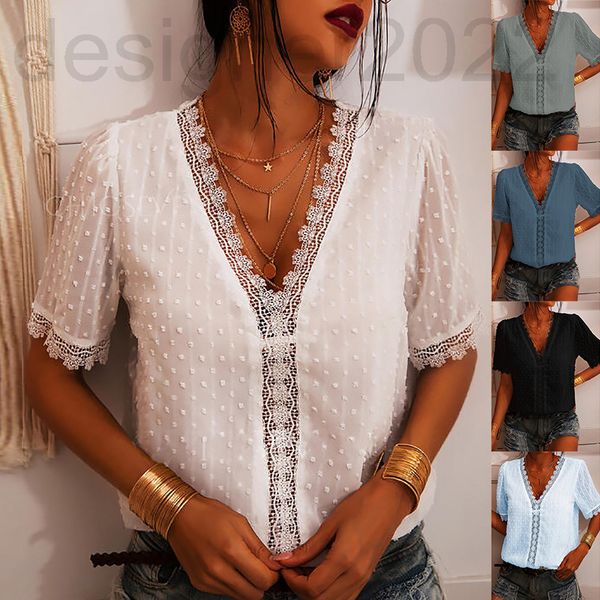 

women's t-shirt designer 2021 summer new solid color deep v-neck chiffon shirt women's embroidery lace short sleeve top, White