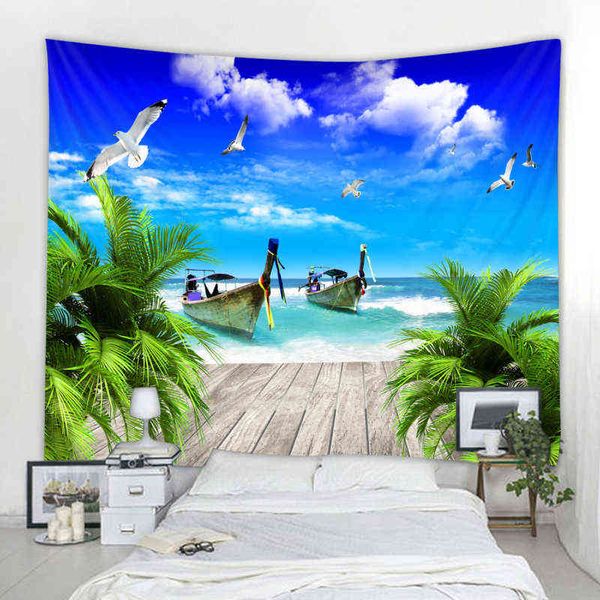 Praia Tapestry Sailing Seagull View Wall Holding Carpet Hippie Polyester Fabric Decoration J220804