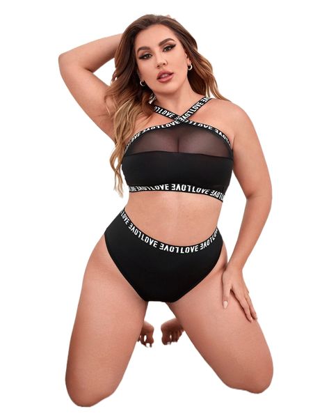 

plus letter graphic bra & panty sets n2mb#, Black;white