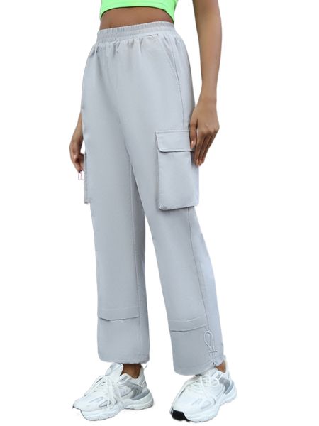 

flap pocket side drawstring hem cargo pants d8tq#, Black;white