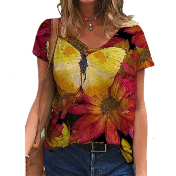 

fashion flower print women summer t shirt casual v-neck short sleeve ladies size 3xl loose female streetwear shirts, White