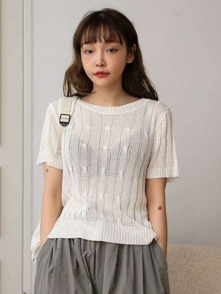 

dazy solid sheer cable knit k84g#, White;black