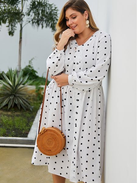 

plus size summer dress polka dot v-neck large size long sleeve single row buttons comfortable calf length casual dating a-line, Black