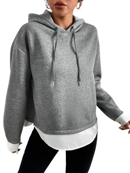 

colorblock drop shoulder drawstring 2 in 1 thermal hoodie 583x#, Black