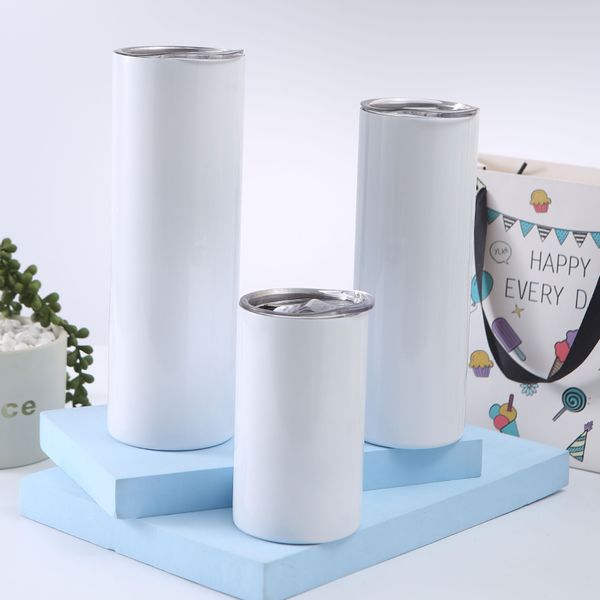 Tumblers de sublimação em branco reto Térmmos de caneca de caneca com tampas e viagens de palha magro para imprimir 20oz