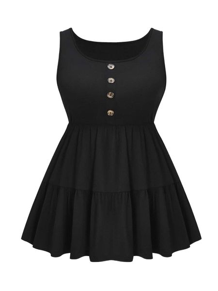 

plus fake button ruffle hem tank b61t#, Black
