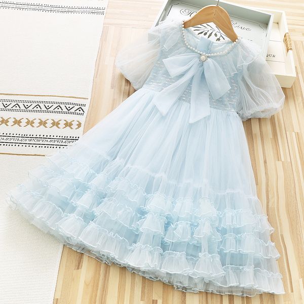 2022 meninas lace tutu vestidos crianças arcos de pérolas amarrar tulle frisado redondo colarinho sopro manga festa vestido de criança roupas de criança s2074