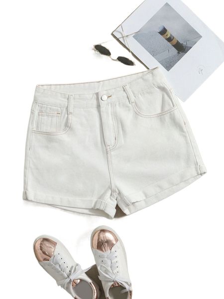 

zipper fly cuffed hem denim shorts e2qb#, White;black