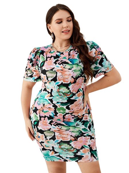 

plus allover floral print bodycon dress d3cn#, Black