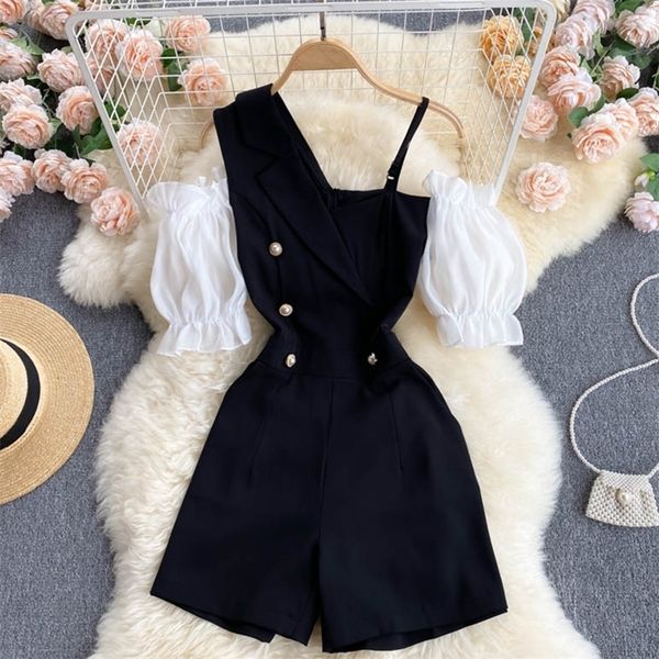 

ftlzz summer irregular ladies contrast design jumpsuit sweet puff sleeve slim rompers shorts high waist wide leg jumpsuit 220506, Black;white