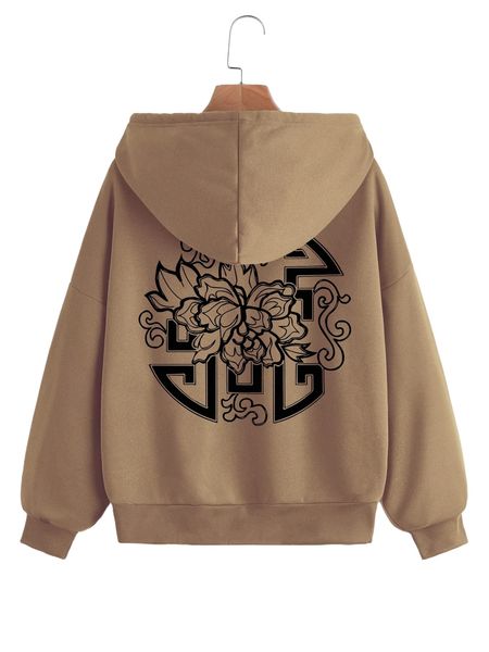 

floral print drawstring zip up thermal hoodie c2qu#, Black