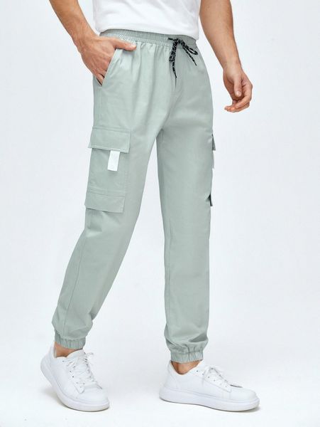 

men drawstring waist flap pocket cargo pants m6ss#, Black