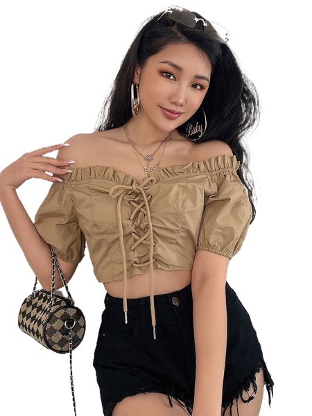 

dazy off shoulder puff sleeve grommet lace up frilled blouse c6s5#, White