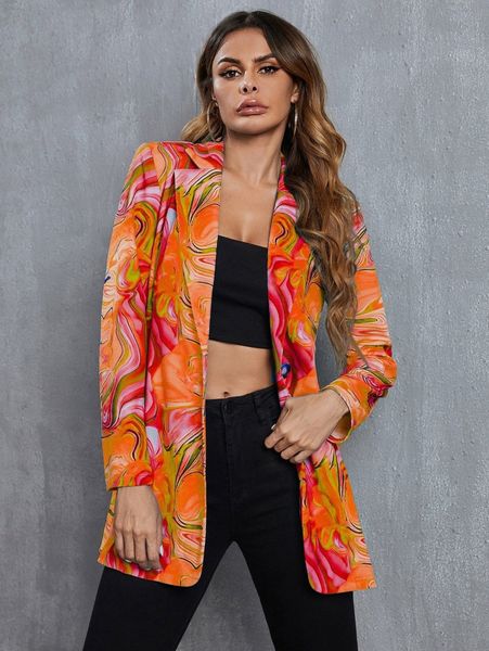 

allover print single button blazer 01f8#, White