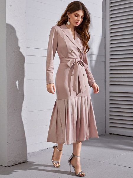 

double breasted pleated hem belted blazer dress l5g0#, White