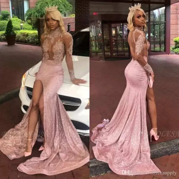 

2022 pink prom dresses long sleeves high neck side slit sparkly sequins sweep train illusion evening party gowns plus size custom made forma, Black