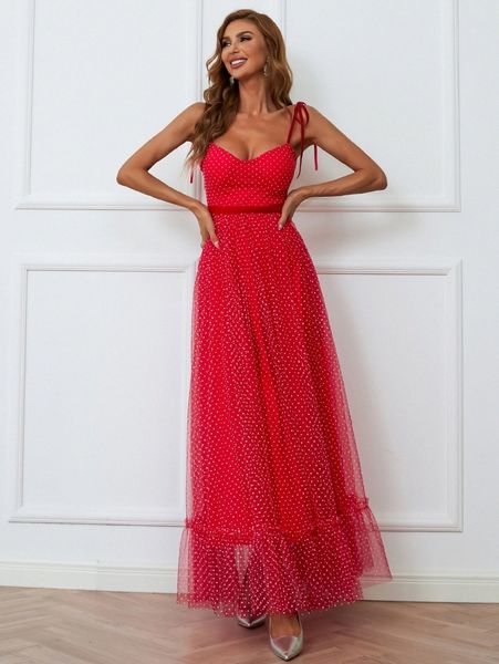 

missord polka dot tie shoulder ruffle hem lace prom dress 64r8#, Black;gray