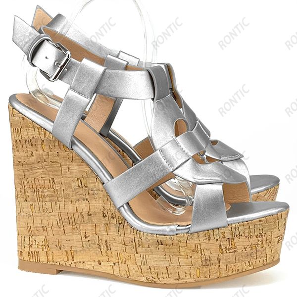 Rontic Hot Handmade Women Platform Sandali Zeppe Tacchi Open Toe Buckle Strap Fabulous Gold Silver Party Shoes Taglia 34 45 47 52