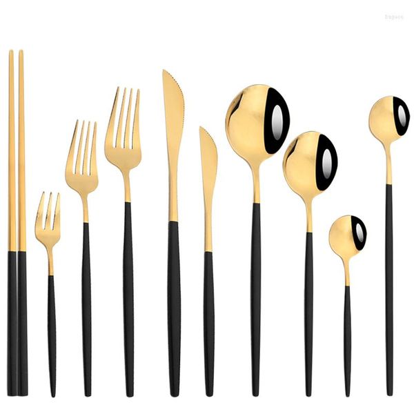 Set di posate 6 pezzi Set di stoviglie in oro nero Specchio Posate Forchette Cucchiai Coltelli Stoviglie Bacchette in acciaio inoxPosate