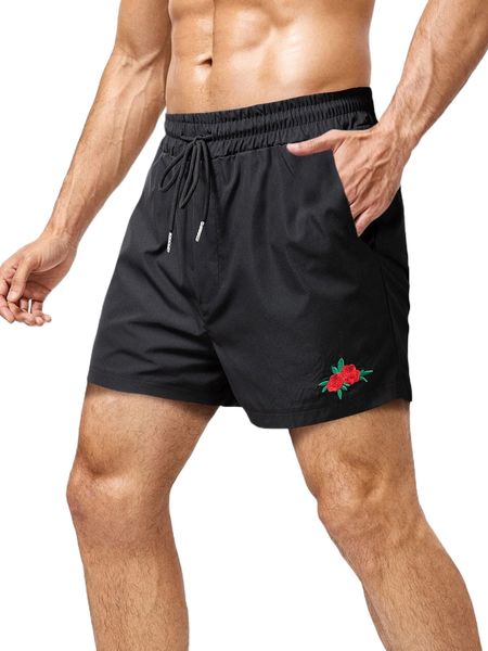 

men floral embroidery drawstring waist shorts b5ym#, White;black
