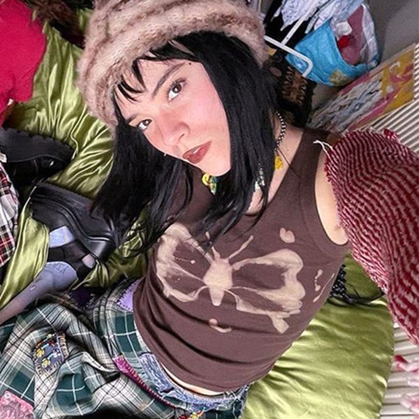 

y2k aesthetics brown crop indie streetwear o neck sleeveless tank 90s fashion summer vests 220602, White