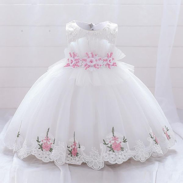 Платья для девочек, белое, розовое платье с цветочным принтом для крещения первого дня рождения, одежда для маленьких девочек, кружевные вечерние костюмы принцессы для малышей 0-5 лет