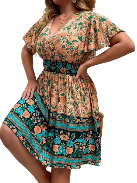 

plus floral print butterfly sleeve dress j7qx#, Black