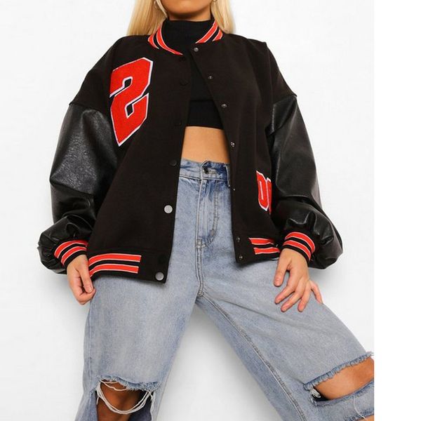 Giacca da donna con ricamo con lettera Giubbotto bomber con spalla abbassata Cappotto in pelle di pile hip-hop da baseball da donna in Europa e negli Stati Uniti SU2579