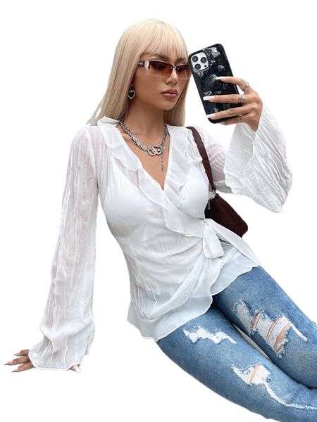

solid bell sleeve ruffle trim tie side wrap blouse without bra z8oj#, White