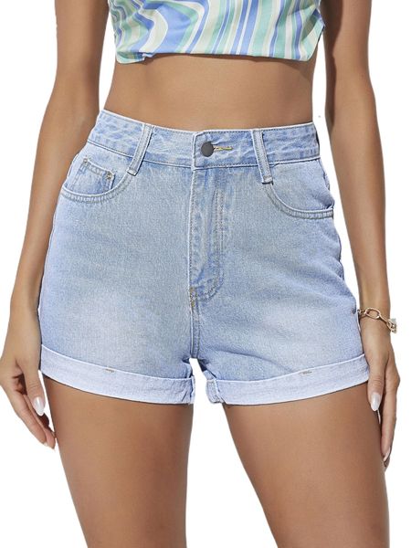 

roll hem light wash denim shorts y31u#, White;black
