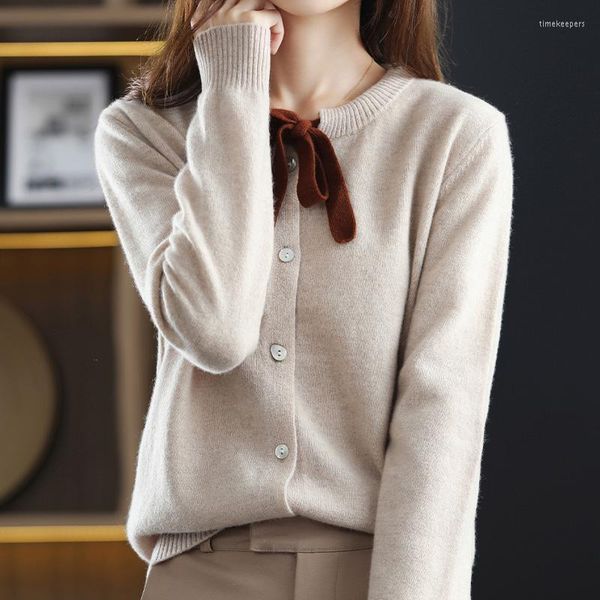 

women's knits & tees wool cardigan for women 2022 autumn/winter pure color single-breasted round neck drawstring fashion knit sweaterwo, White