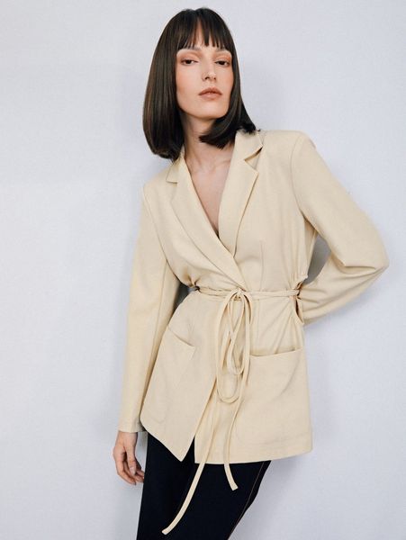 

cut out waist pocket front belted blazer v4b2#, White