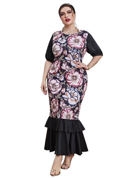 

plus floral print layered mermaid hem maxi dress g3jv#, Black