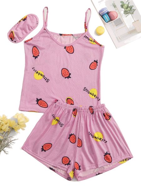

plus strawberry print pj set & eye cover p09d#, Black;white