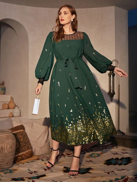 

plus golden floral print lantern sleeve contrast mesh belted dress d4n9#, Black