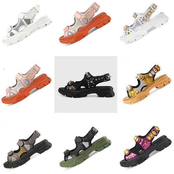 

designer rivet sandals sports sals luxury diamond men wo casual fashion leather outdoor beach couple wo shoes em ysxo, Black