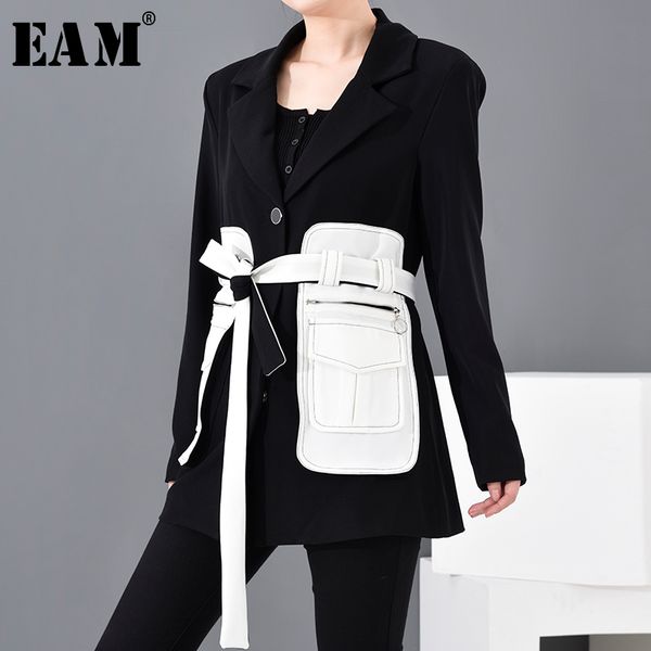 

eam loose fit black contrast color big pocket bandage jacket lapel long sleeve women coat fashion spring 1m50001 201026, Black;brown