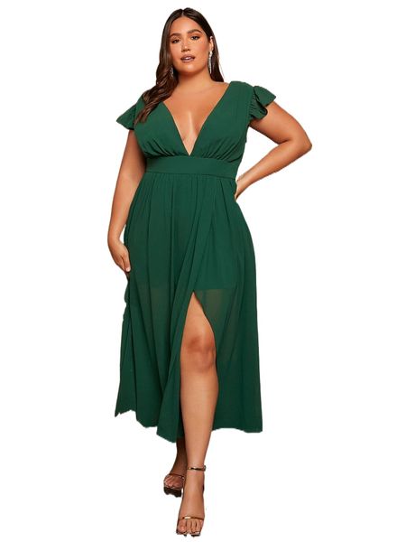 

plus deep v neck butterfly sleeve wrap chiffon bridesmaid dress 64xi#, Black