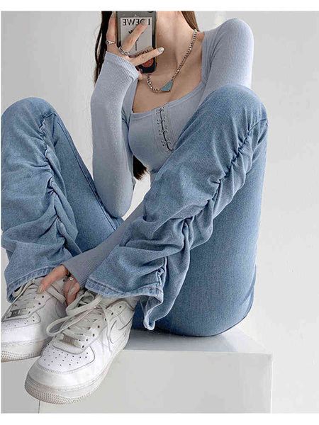 

pile of pleated blue slim fit jeans women's spring summer new simple style thin high waist mopping trousers female denim pants t220728