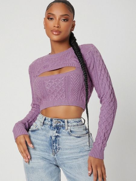 

sxy bust cutout long sleeve cropped sweater g8sd#, White;black