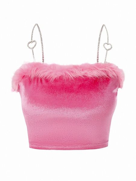 

fuzzy trim rhinestone heart-ring detail cami l5ru#, White