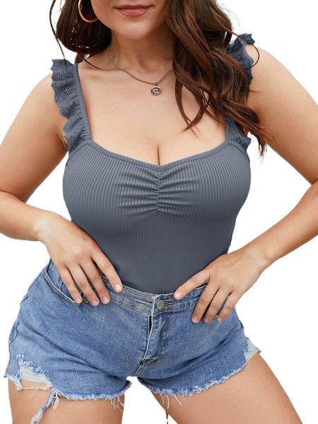 

plus eyelet embroidery ruffle trim ruched cami 32j7#, Black