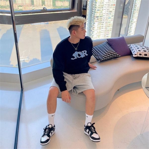 

summer explosion family autumn chest letter pin toothbrush embroidered round neck sweater for men and women, Black