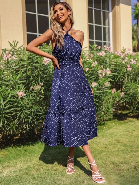 

polka dot halter neck backless ruffle trim dress 92eh#, Black;gray