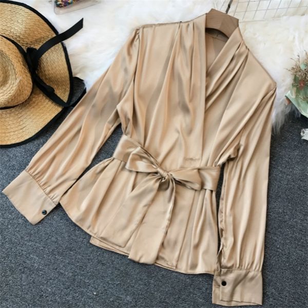 

urban ladies poplin v-neck waistband blouse female satins sashes drawstring lantern sleeves shirt ladies fashion suits 210226, Black;gray
